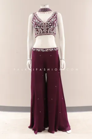 Wine Crop Top Palazzo Outfit with Intricate Handwork & Stone Detailing