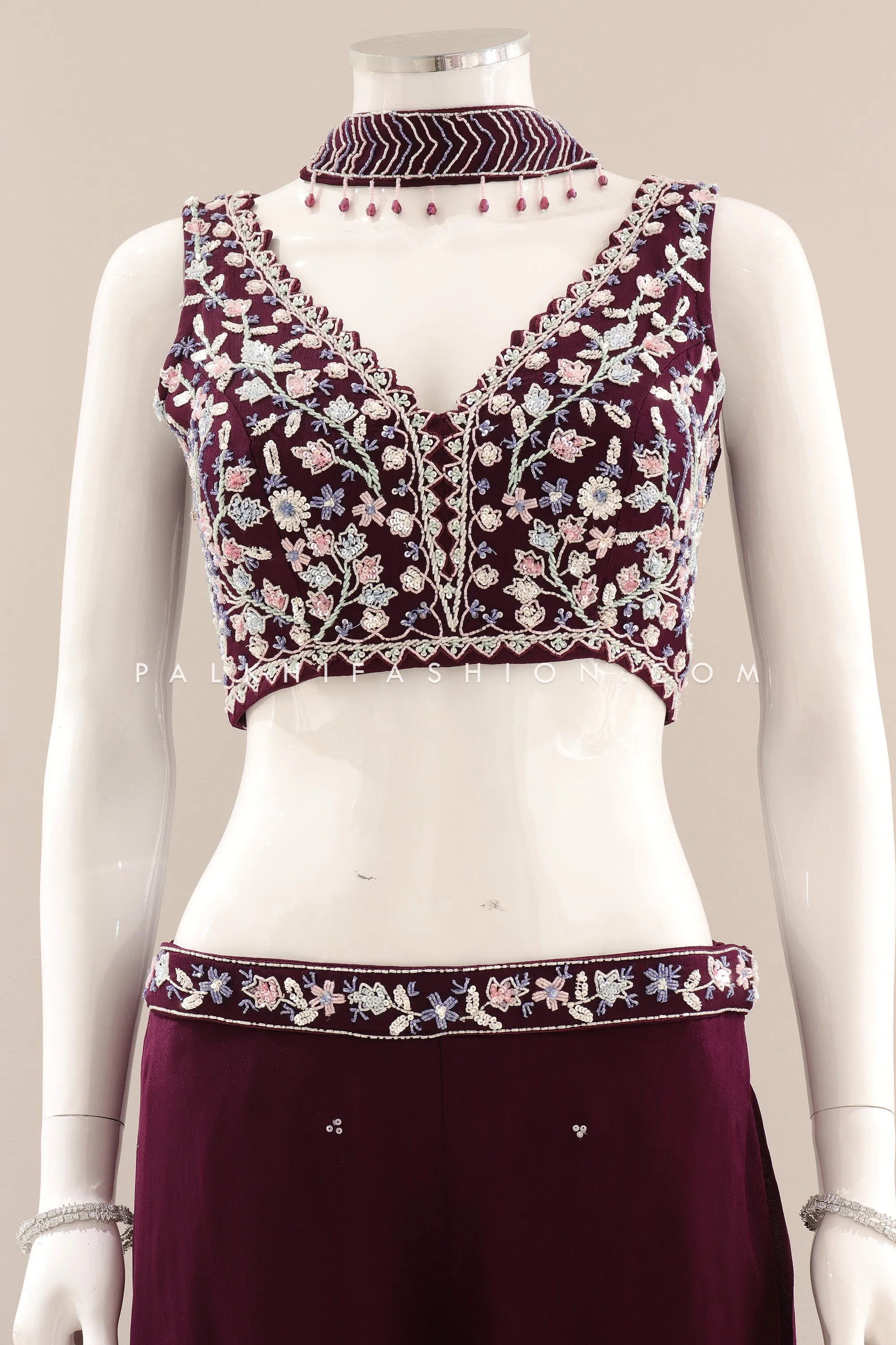 Wine Crop Top Palazzo Outfit with Intricate Handwork & Stone Detailing