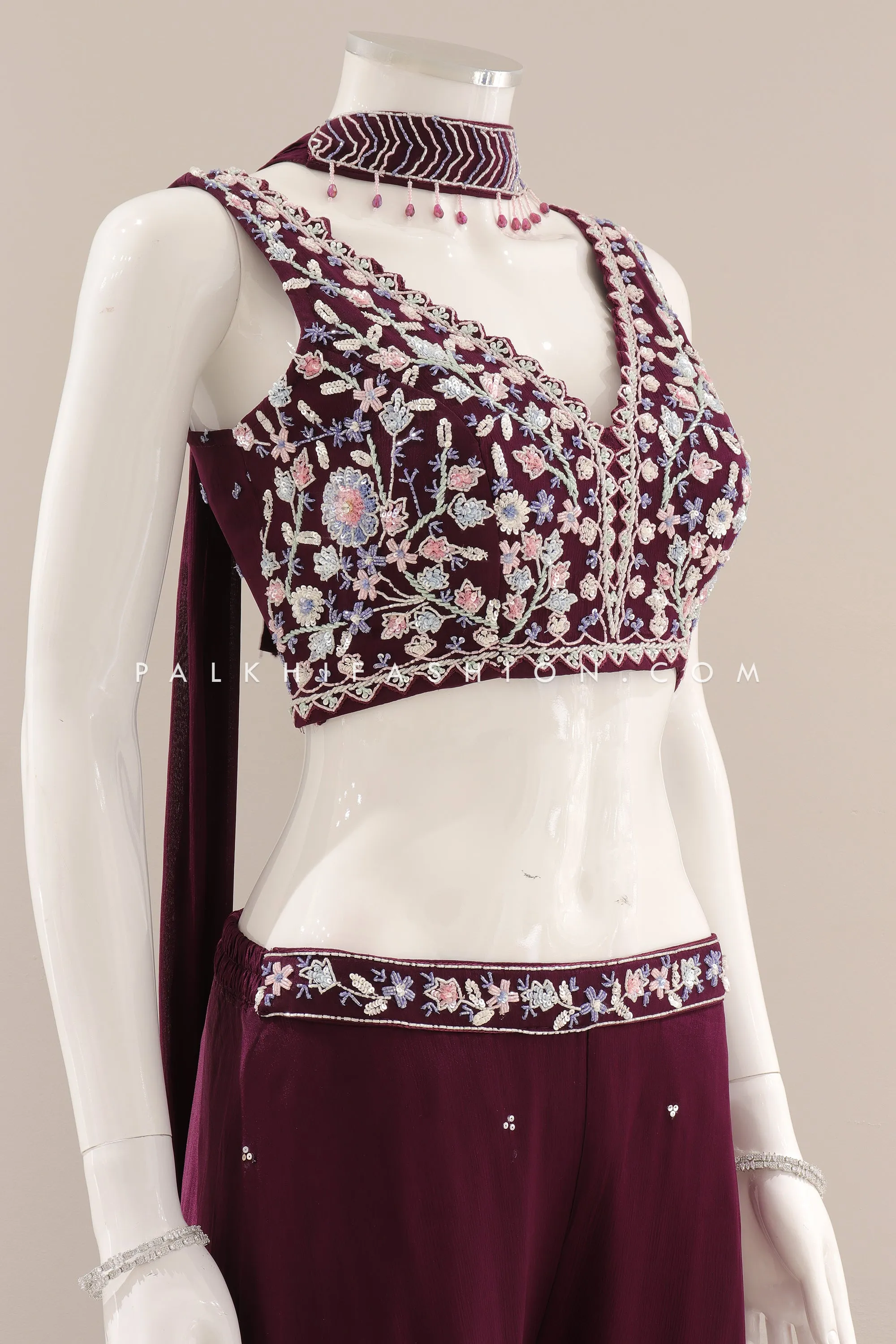 Wine Crop Top Palazzo Outfit with Intricate Handwork & Stone Detailing