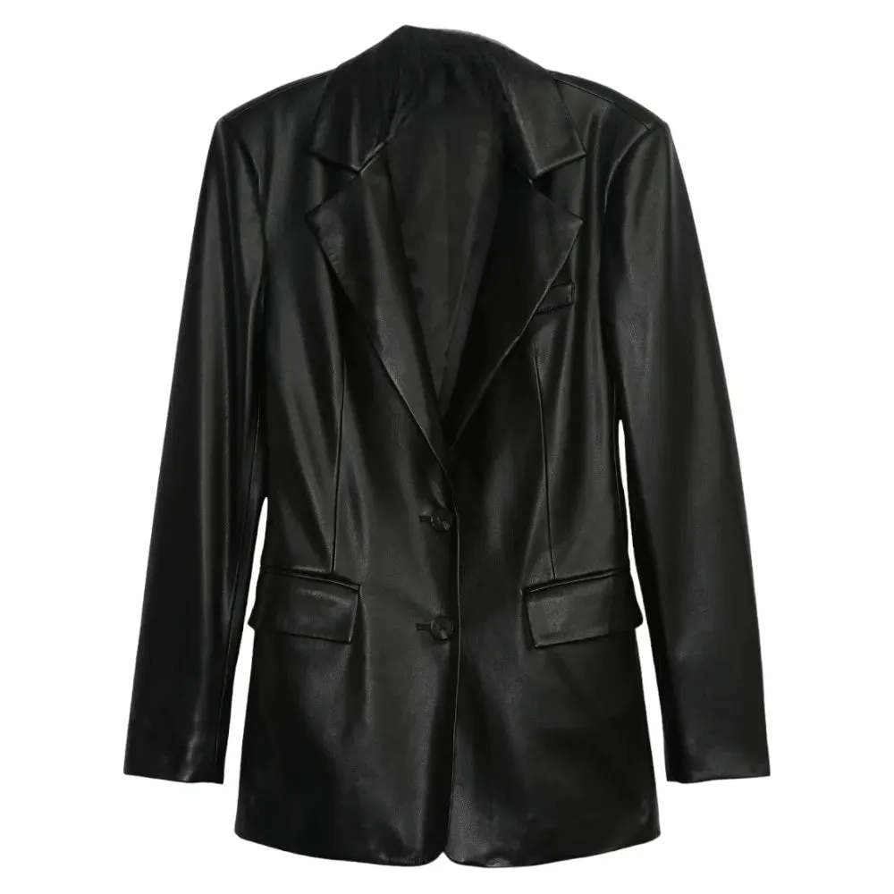 Womens Black Faux Leather Blazer Jacket