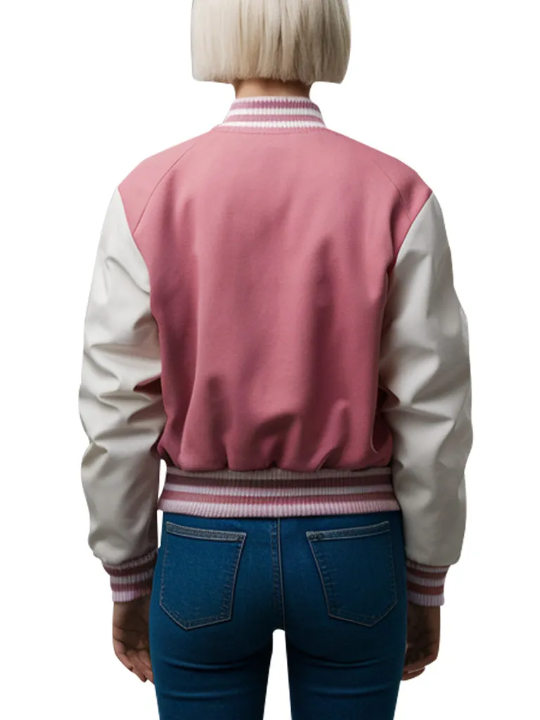 Women's Pink and White Varsity Bomber Jacket