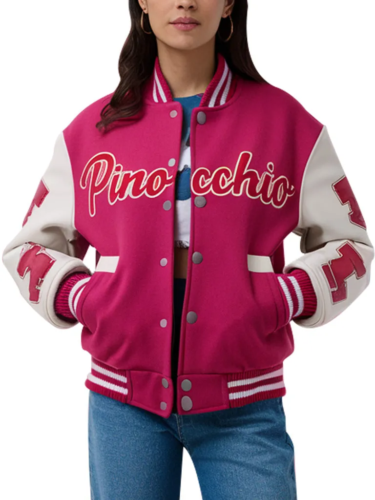 Women's Pink Pinocchio Varsity Letterman Jacket With White Sleeves