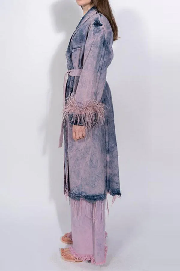 xiangtuibao Feather Trim Elegant Lace-Up Gradient Denim Trench Coat