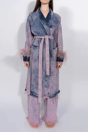 xiangtuibao Feather Trim Elegant Lace-Up Gradient Denim Trench Coat