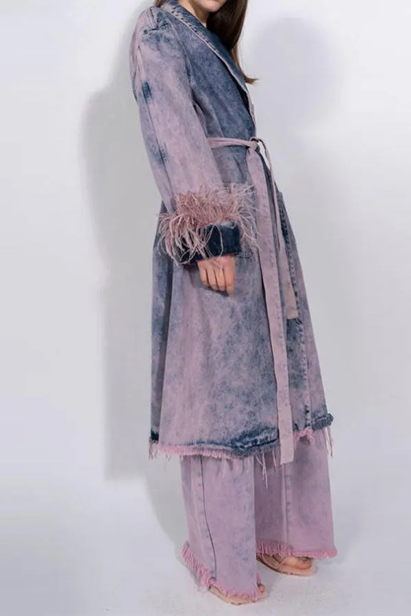 xiangtuibao Feather Trim Elegant Lace-Up Gradient Denim Trench Coat